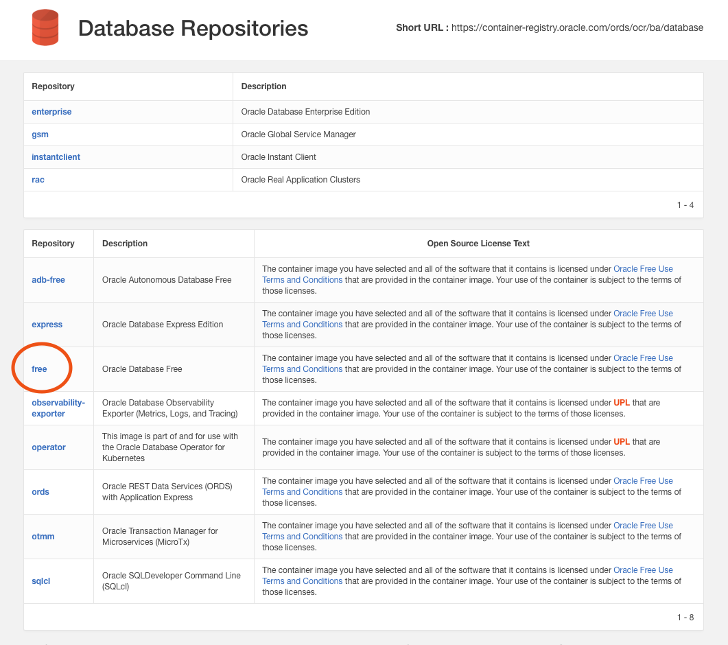 Database containers on container-registry.oracle.com