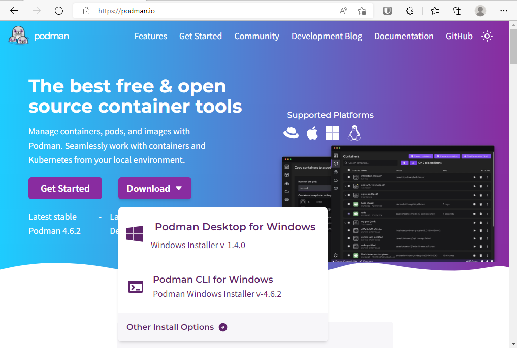 Screenshot from webpage podman.io