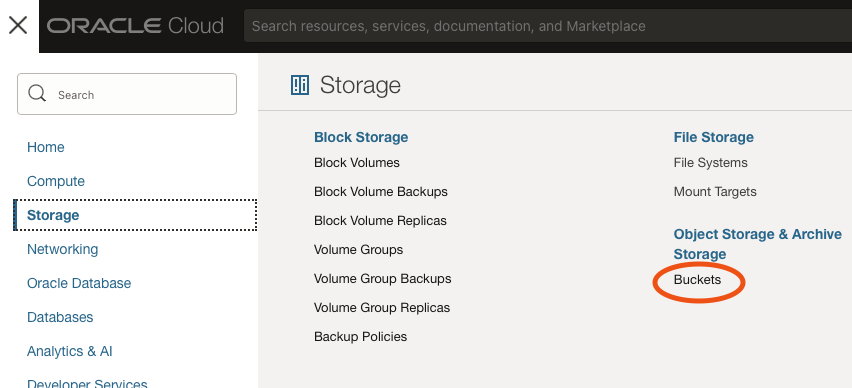 Object storage menu